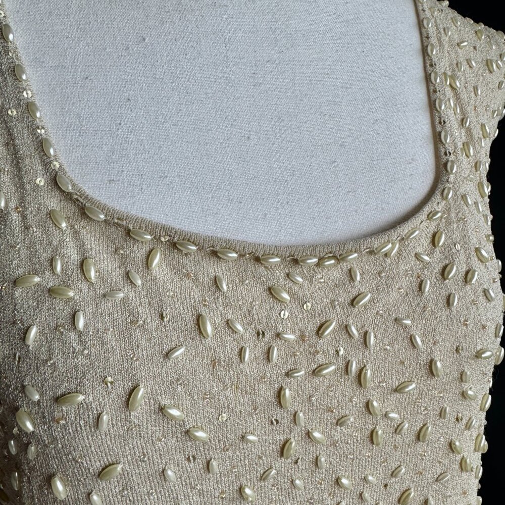 Vintage Cream Knit Tank w Embroidered Pearls and Sequins